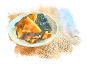 Watercolor-style illustration of braised kabocha squash pieces arranged on a cream-colored ceramic plate. The golden-orange squash segments show caramelized edges from braising, alongside what appears to be kombu seaweed. The artistic rendering emphasizes the natural colors and textures of this traditional shōjin ryōri preparation.