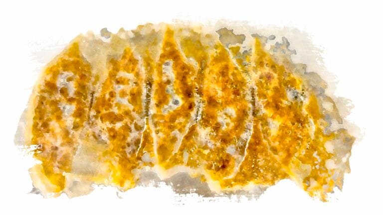 Five pieces of cooked gyoza with a golden crust and lacy wings from the starch in the pan.