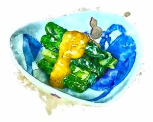 Watercolor treated photograph of asparaguse dressed with karashi-miso sauce in a curved blue and white bowl.