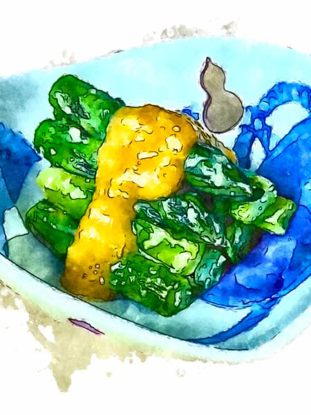 Watercolor treated photograph of asparaguse dressed with karashi-miso sauce in a curved blue and white bowl.
