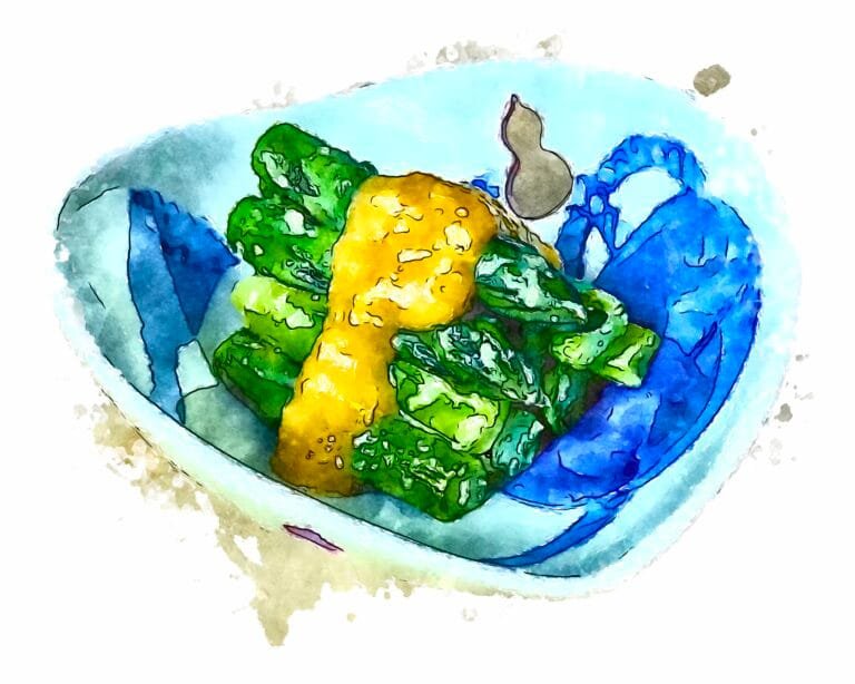 Watercolor treated photograph of asparaguse dressed with karashi-miso sauce in a curved blue and white bowl.