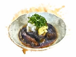 Marinated fried eggplant (agedashi nasu) in an off-white ceramic bowl.