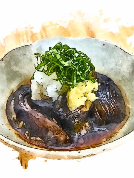 Marinated fried eggplant (agedashi nasu) in an off-white ceramic bowl.