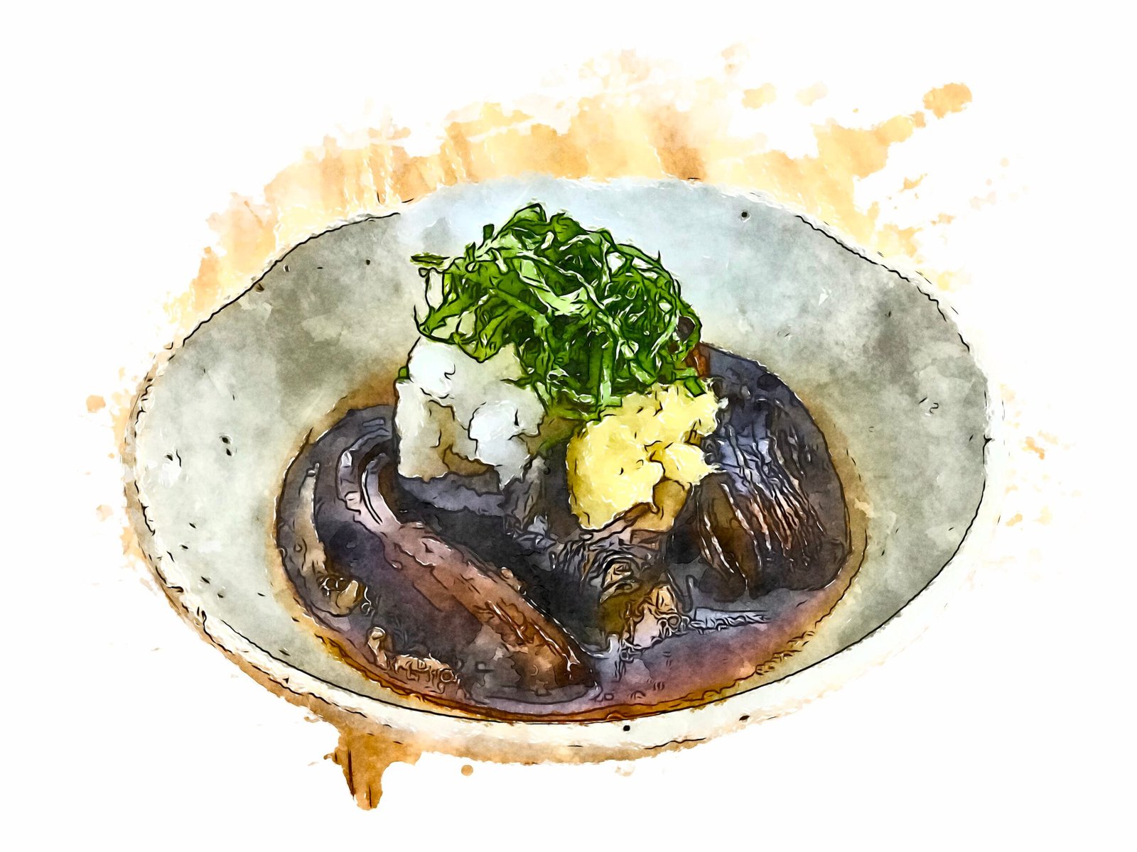 Marinated fried eggplant (agedashi nasu) in an off-white ceramic bowl.