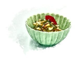 Watercolor image of a bowl of apple and chestnut with tofu dressing (shira-ae).