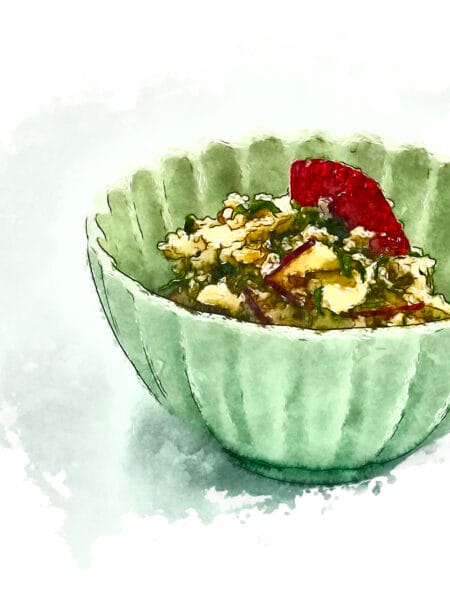 Watercolor image of a bowl of apple and chestnut with tofu dressing (shira-ae).