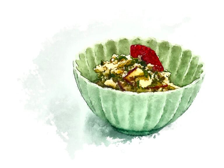 Watercolor image of a bowl of apple and chestnut with tofu dressing (shira-ae).