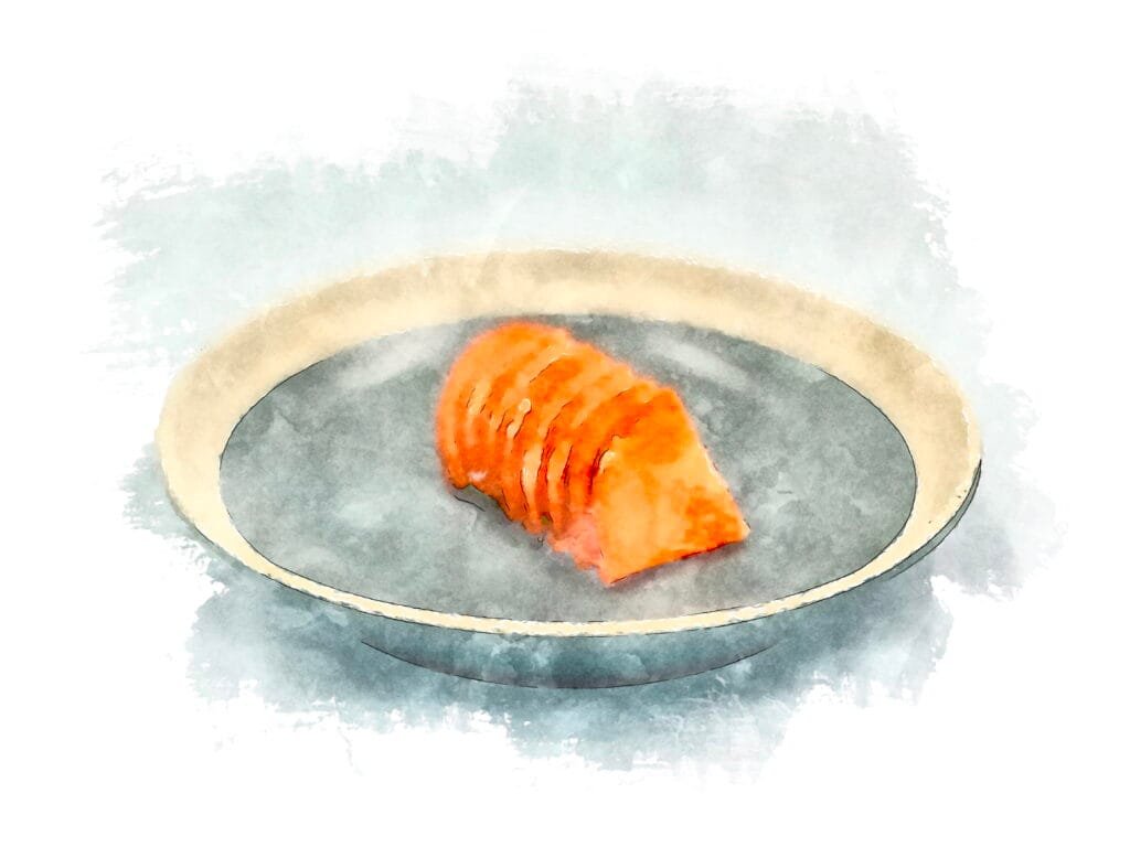 Watercolor treated photograph of sliced carrot rice bran pickles on a black ceramic plate with an off-white rim.