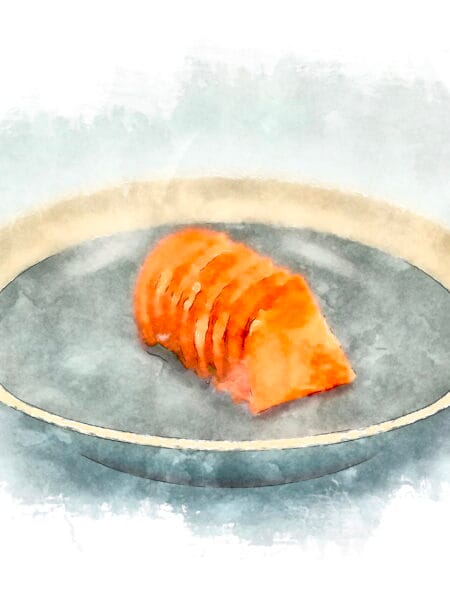 Watercolor treated photograph of sliced carrot rice bran pickles on a black ceramic plate with an off-white rim.