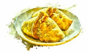 Two pieces of inari sushi filled with rice seasoned with yuzu on an off-white ceramic plate.