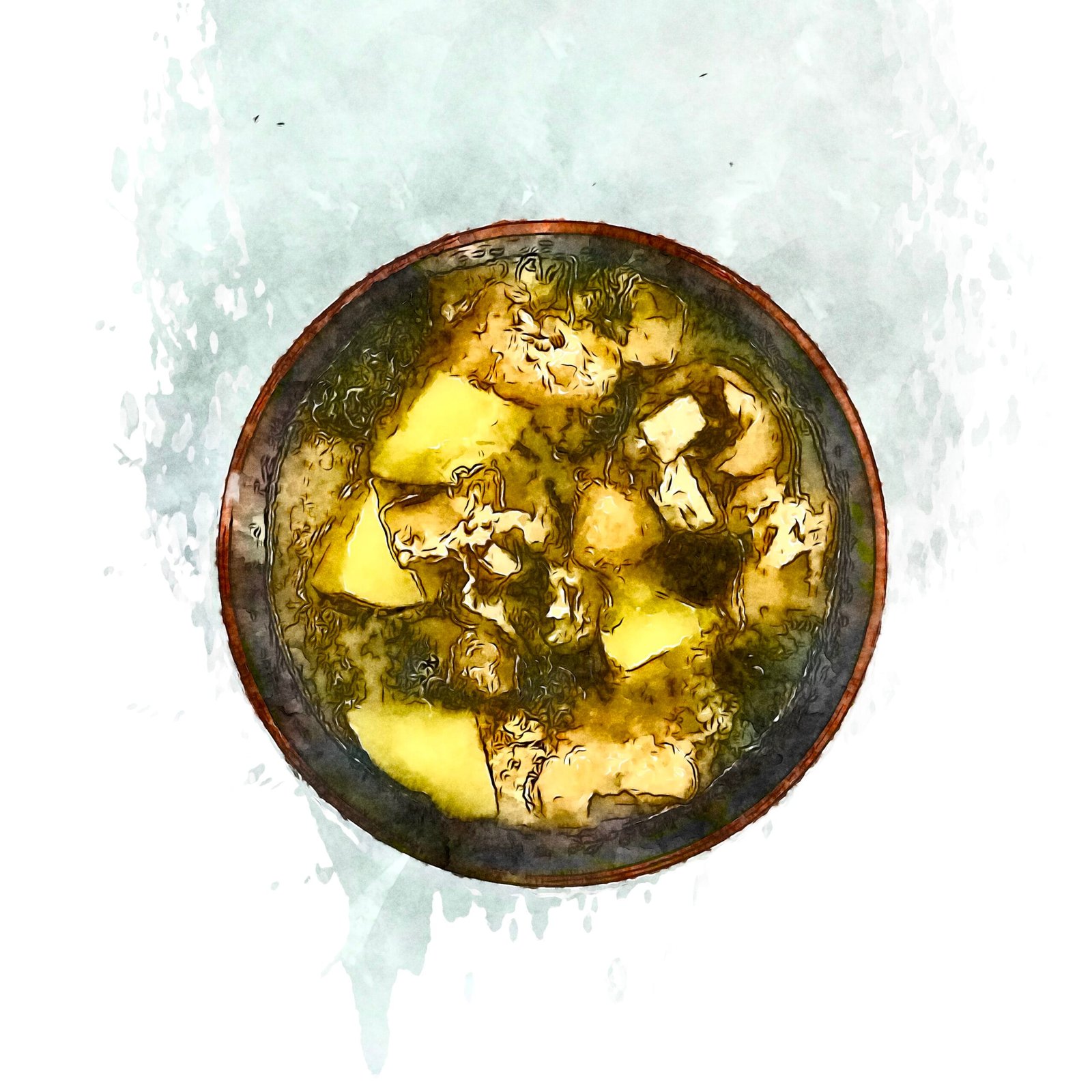 A wooden bowl filled with piping hot potato and seaweed miso soup.