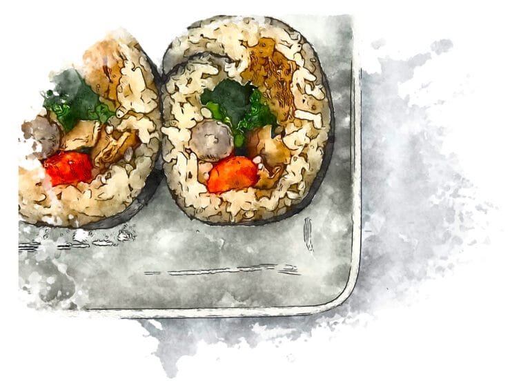 Slices of colorful vegetable futomaki (thick roll) arranged in a row.