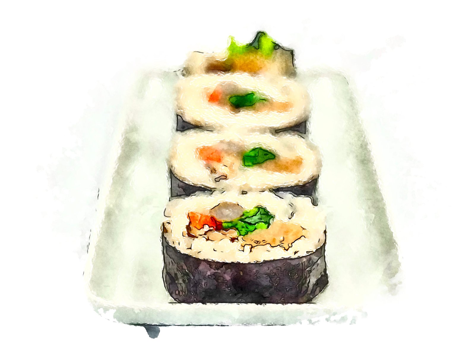Four slices of colorful vegetable futomaki (thick roll) arranged in a row.