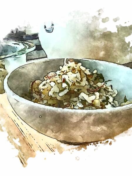 A bowl of mazegohan (mixed rice) with myoga (Japanese ginger), shiso, and toasted sesame seeds.
