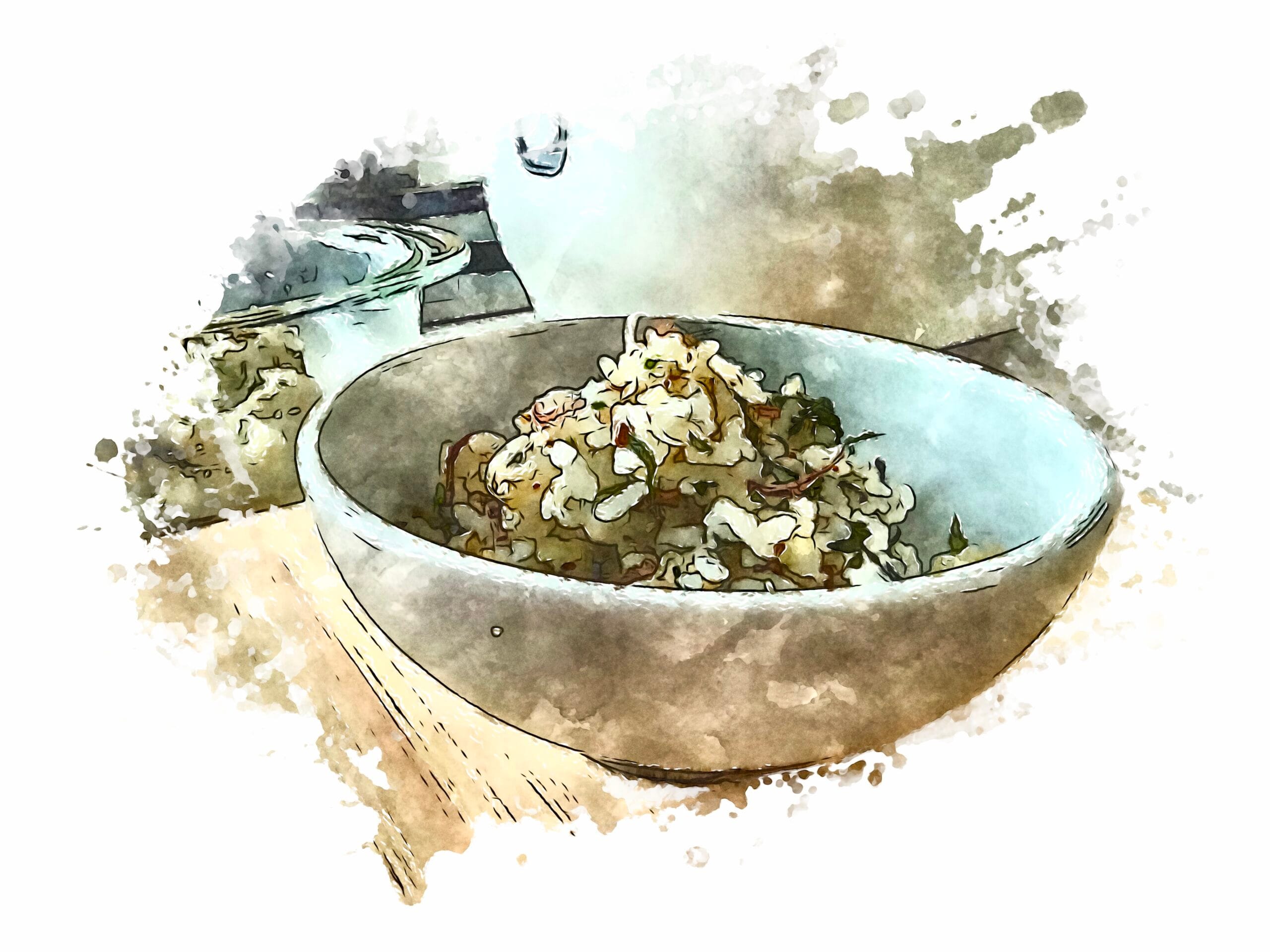 A bowl of mazegohan (mixed rice) with myoga (Japanese ginger), shiso, and toasted sesame seeds.