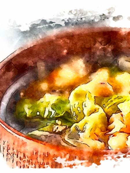 Roasted soybean & cabbage soup served in a wooden Japanese bowl.
