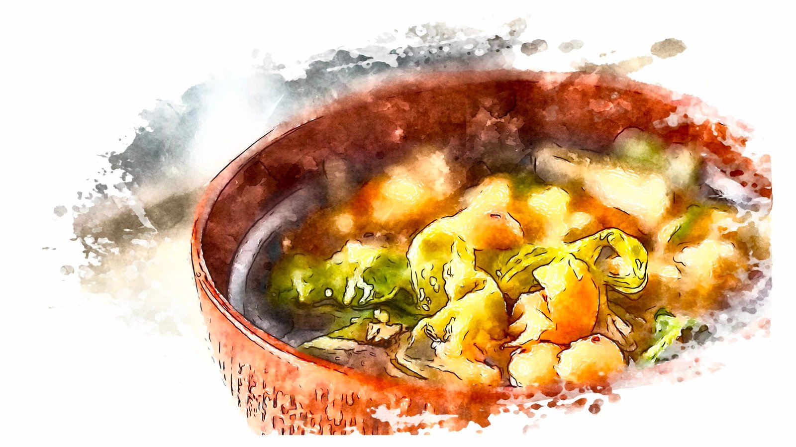Roasted soybean & cabbage soup served in a wooden Japanese bowl.